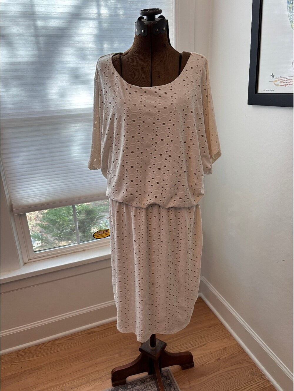 New York & Company Eyelet Lace Midi Dress XL Ivory Blouson Dolman Sleeve (2235)